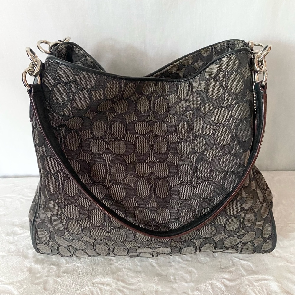 Coach EUC Phoebe Black Leather & Gray Jacquard Signature Shoulder Bag XL